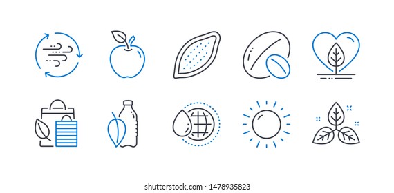Set of Nature icons, such as World water, Soy nut, Water bottle, Apple, Local grown, Bio shopping, Cocoa nut, Sunny weather, Wind energy, Fair trade line icons. Aqua drop, Vegetarian food. Vector