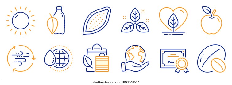 Set of Nature icons, such as World water, Soy nut. Certificate, save planet. Water bottle, Apple, Local grown. Bio shopping, Cocoa nut, Sunny weather. Wind energy, Fair trade line icons. Vector