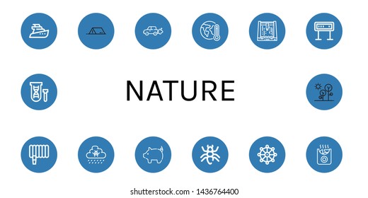 Set of nature icons such as Yatch, Tent, Emission, Global warming, Dam, Panel, Water hose, Rain, Pig, Ant, Buddhism, Potatoes, Genetical, Forest , nature