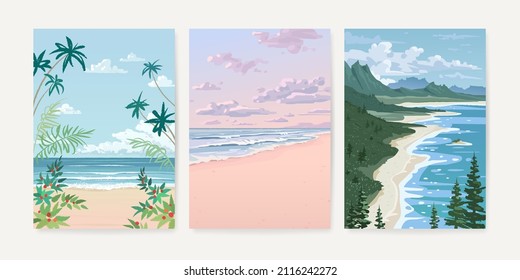 Set of nature landscape background. Hand drawn card, poster, banner or cover design template with tropical beach and forest. Vector illustration