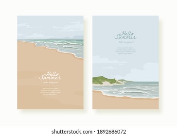 Set of nature landscape background. 
Tropical beach cards with sand and sea. Vector illustration