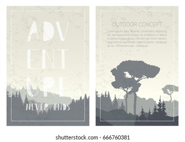 Set of nature landscape backgrounds with mountains, trees and handwritten phrase - Adventure never ends. Vector templates for brochures, flyers, covers, posters, cards and invitations. Outdoor design.