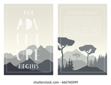 Set of nature landscape backgrounds with mountains, trees and handwritten phrase - The adventure begins. Vector templates for brochures, flyers, covers, posters, cards and invitations. Outdoor design.