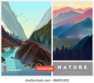 Set of nature landscape backgrounds with silhouettes of mountains and trees. Vector Illustration