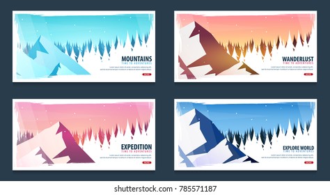 Set of Nature landscape backgrounds with silhouettes of mountains and trees. Vector Illustration