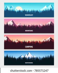 Set of Nature landscape backgrounds with silhouettes of mountains and trees. Vector Illustration