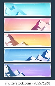 Set of Nature landscape backgrounds with silhouettes of mountains and trees. Vector Illustration