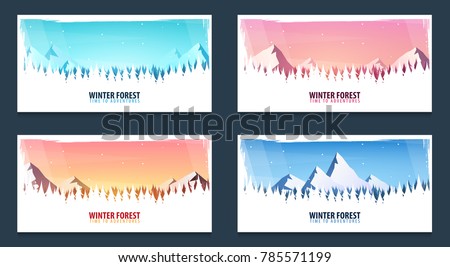 Set of Nature landscape backgrounds with silhouettes of mountains and trees. Vector Illustration