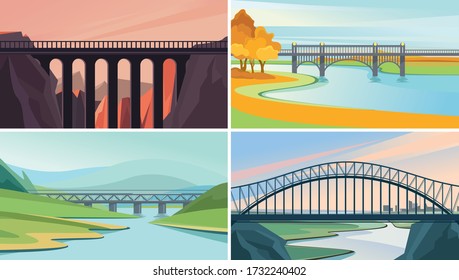 Set of nature landscape with bridges. Beautiful sceneries.