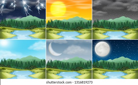 Set of nature landscape different weather illustration