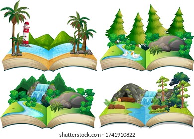 Set of nature landscape on open book illustration