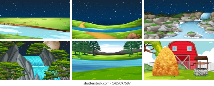 Set nature landscape scene illustration