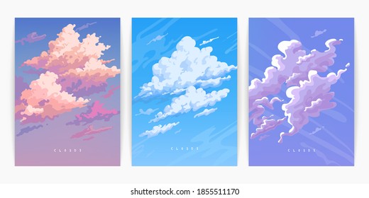 Set of nature landscape with sky and clouds