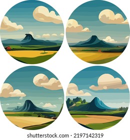 Set of Nature and landscape. Vector illustration of trees, forest, mountains, flowers, plants, houses, fields, farms and villages. Picture for background, postcard or cover