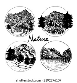 set of nature landscapes circular compositions  black graphic sketches