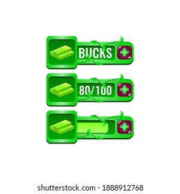 set of nature leaves game ui money bucks bar with numeric and progress bar additional panel for gui asset elements vector illustration
