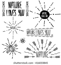 Set of Nature lettering elements. Lettering Nature loves you outline vector. Collection of hippie logo vector. Hand drawn boho style signs with sun, arrows, sunshine, lines. 