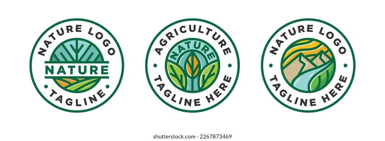 Set nature logo agriculture circular emblem with leaf, flower, river, mountain linear design.