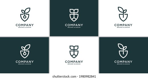 Set of nature logo with combination of leaves and shovels Premium Vector