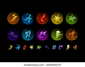 set of nature magic element symbol in button skills. fire, water, thunder, sun, plant, ice, wind, earth, shadow elemental