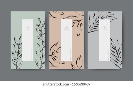 Set Nature minimal banner for branding packaging. Tropical summer plant and leaf with ink brush black outline stoke. For spa resort luxury hotel, yoga, beauty, cosmetic, texture. vector illustration