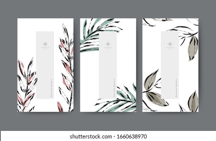 Set Nature minimal banner for branding packaging. Tropical summer plant and leaf with ink brush black outline stoke. For spa resort luxury hotel, yoga, beauty, cosmetic, texture. vector illustration