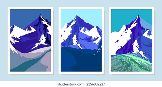 Conjunto de ilustración vectorial de fondo de vista de paisaje de montaña de naturaleza.