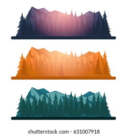 Set of Nature mountains landscape. Rocky mountains and pine forest. Evening