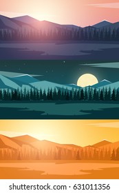 Set of Nature mountains landscape. Rocky mountains and pine forest. Evening