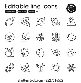 Set of Nature outline icons. Contains icons as Potato, Leaf dew and Sun energy elements. Startup, Feather, Night weather web signs. Dirty water, Leaf, Organic tested elements. Peanut. Vector