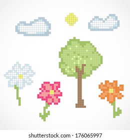 Set of nature pixel art elements - tree, flowers, clouds and sun isolated on white