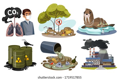 Set of nature pollution and creative images vector illustration. Impure air trash on streets poor animals cartoon design. Global world problem concept. Isolated on white background
