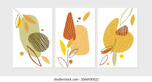 Set of nature poster with plants, fallen leaves. Hand drawn nature shapes in orange brown colors. Collage for decoration, postcard, cover, invitations for autumn holidays. Minimal natural wall arts