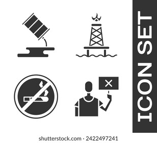 Set Nature saving protest, Barrel oil leak, No Smoking and Oil rig with fire icon. Vector