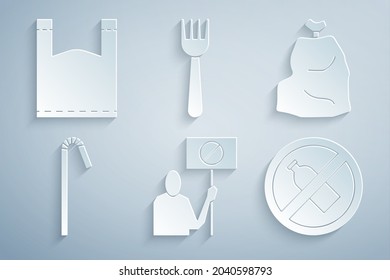 Set Nature saving protest, Garbage bag, Drinking plastic straw, No bottle, Disposable fork and Plastic icon. Vector