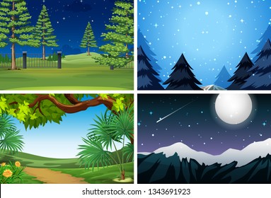 Set of nature scene at night illustration