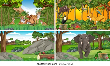 Set of nature scene with trees on mountains with Animal illustration