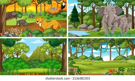 Set of nature scene with trees on mountains with Animal illustration