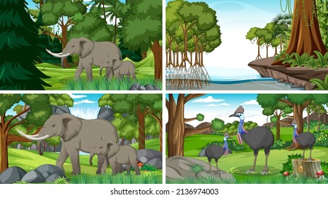 Escena de la naturaleza con árboles en montañas con ilustración animal