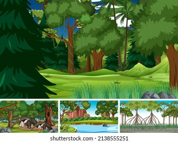 Escena de la naturaleza con árboles en montañas con ilustración animal