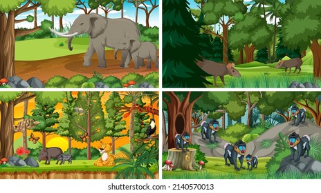 Escena de la naturaleza con árboles en montañas con ilustración animal