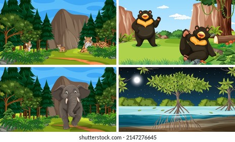 Escena de la naturaleza con árboles en montañas con ilustración animal