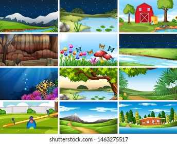 Set of nature scenes day nd night illustration