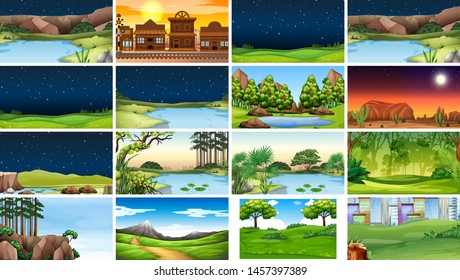 Set of nature scenes in day and night illustration