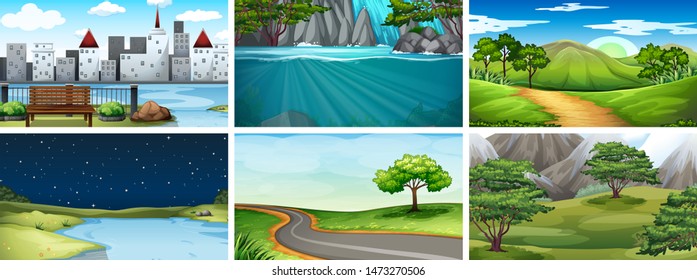 Set of nature scenes, day, night city, rural and natural illustration