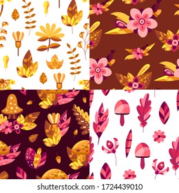 Set of Nature seamless patterns with autumn flowers and leaves in orange and pink colors. Decorative elements in flat style for wallpaper, cards, textile and etc. Vector illustration.