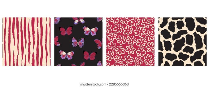 Set of nature seamless patterns with colorful butterflies, stripes, hand drawn ditsy florals and abstract textures. Viva magenta, cream and black colours.