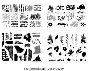 Conjunto de Formas naturales y texturas abstractas sobre fondo blanco aislado. Gran colección de tinta, Elementos de moda en estilo de dibujos animados infantiles a mano alzada.