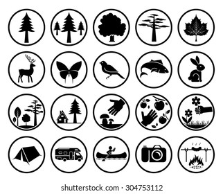 Set Of Nature Signs. Collection Of Forest And Parks Signs. Camping In Nature. Eco Tourism Icons. 