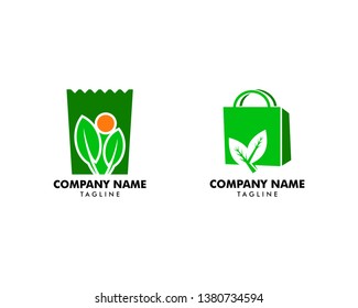 Set of Nature store logo, Paper bag with green leaf logo illustration, Nature logo concept